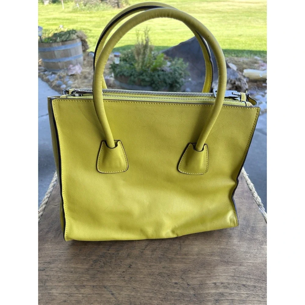 Prada Vitello Daino Yellow Leather Double Zip Tote Satchel Handbag
